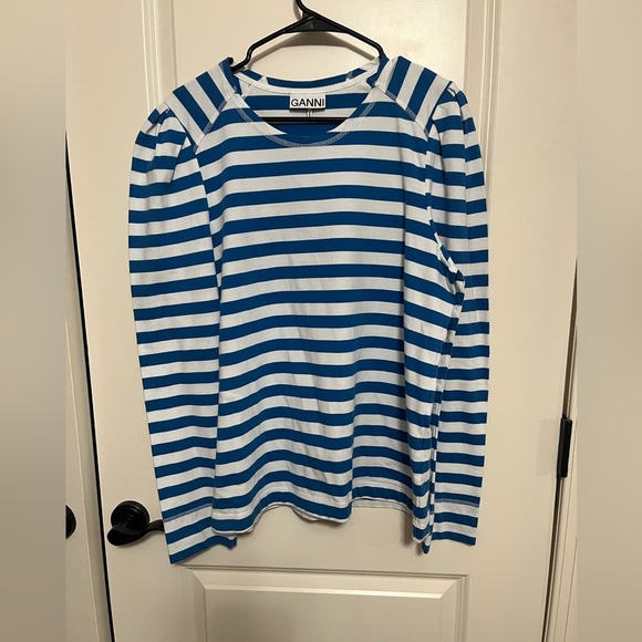 GANNI Organic Cotton L/S Blue Stripe Blouse Size XL - Picture 2 of 10